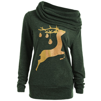 Elk Deer Print Cowl Neck Pullover Sweatshirt - goldylify.com