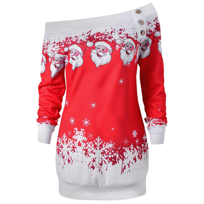 Santa Claus Snowflake Skew Neck Pullover Christmas Sweatshirt - goldylify.com