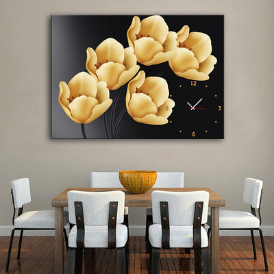 E - HOME Decorative Wall Clock Tulip Canvas Painting Artwork for Home Office - goldylify.com