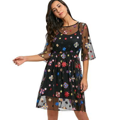 Embroidery Floral Sheer Dress with Cami Dress - goldylify.com