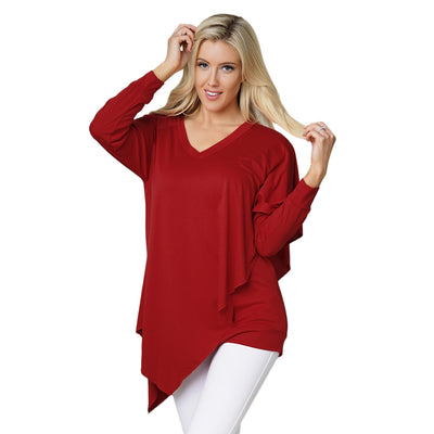 V Neck Long Sleeve Layered Asymmetric Women T-shirt - goldylify.com