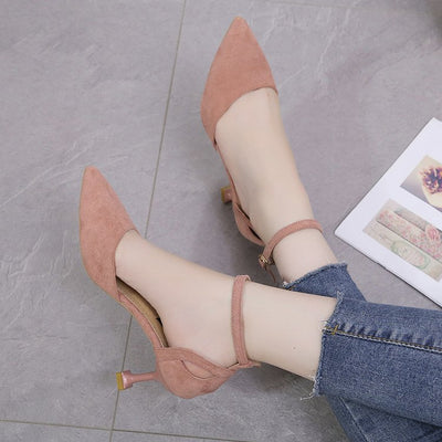 New summer Korean version of the wild pointed stiletto heel shoes Baotou word buckle high heel women's shoes - goldylify.com