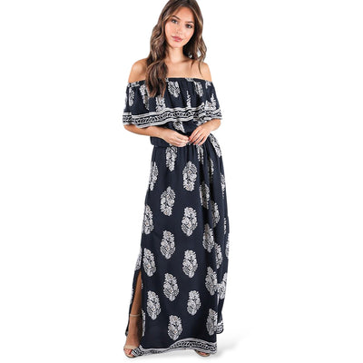 Off The Shoulder Printed Side Slit Maxi Dress - goldylify.com