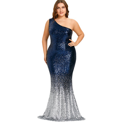 One Shoulder Sleeveless Sequined Bodycon Plus Size Women Mermaid Dress - goldylify.com