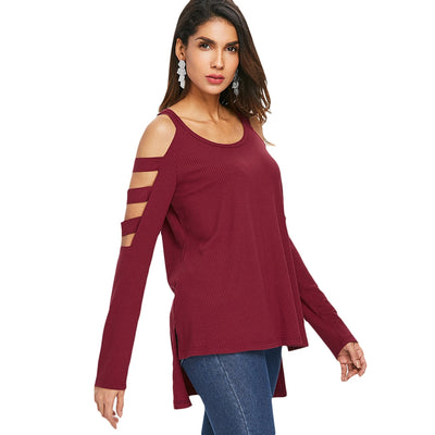 Ribbed Cut Out High Low T-shirt - goldylify.com