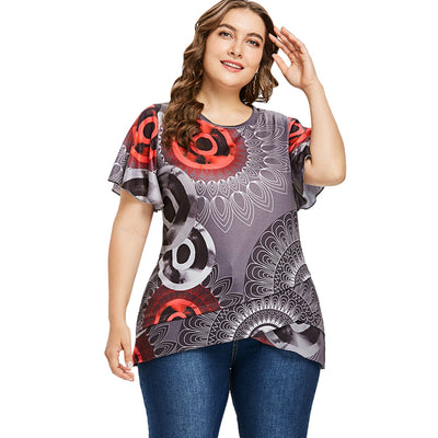 Round Collar Flutter Sleeve Print Overlap Plus Size Asymmetric Women T-shirt - goldylify.com