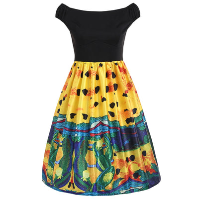 Abstract Print Knee Length Flare Dress - goldylify.com