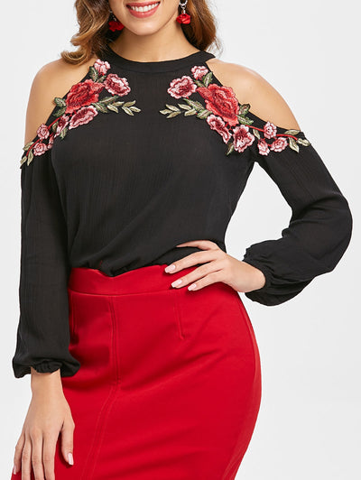 Open Shoulder Keyhole Back Blouse with Embroidery - goldylify.com