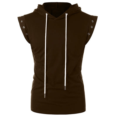 Drawstring Lace Up Solid Color Sleeveless Hoodie - goldylify.com