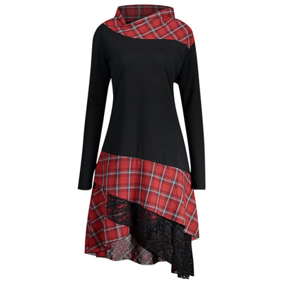 Stand Collar Long Sleeve Plaid Spliced Lace Plus Size Women Dress - goldylify.com