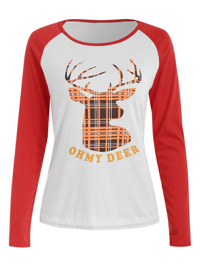 Christmas Slash Neck Long Sleeve Deer Pattern T-Shirt For Women - goldylify.com