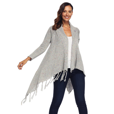 Collarless Long Sleeve Open Front Fringed Asymmetric Button Women Cardigan - goldylify.com
