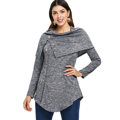 Long Sleeve Marled Button Capelet T-shirt - goldylify.com