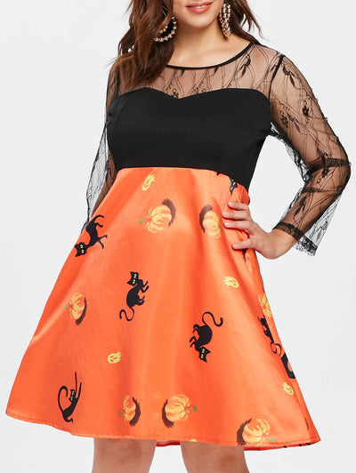 Plus Size Halloween Cat Pattern Dress