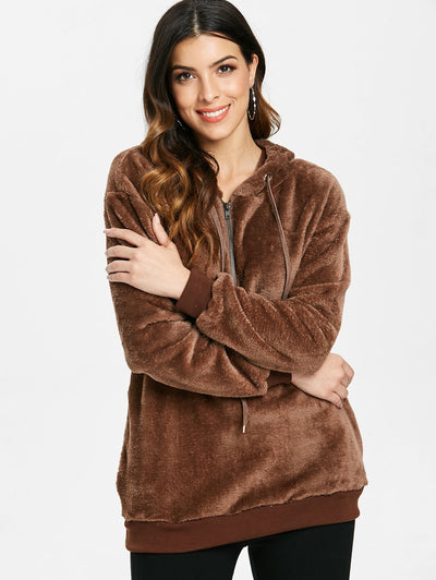 Side Pockets Faux Fur Hoodie with Zipper - goldylify.com