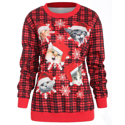 Christmas Cat Print Plaid Sweatshirt - goldylify.com