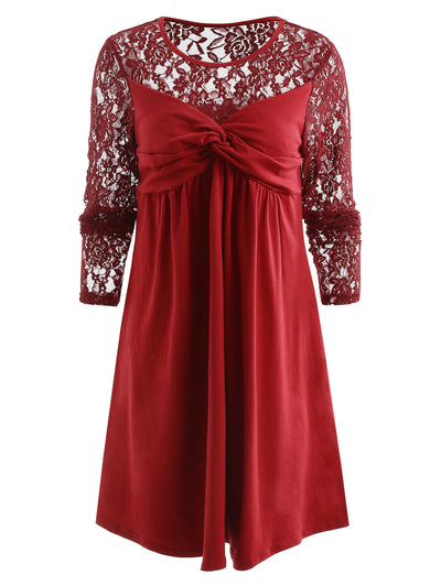 Ruched Bust Long Sleeve Lace Panel Dress - goldylify.com