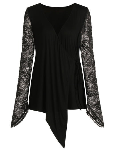 Plus Size V Neck Lace Sleeves Wrap Top