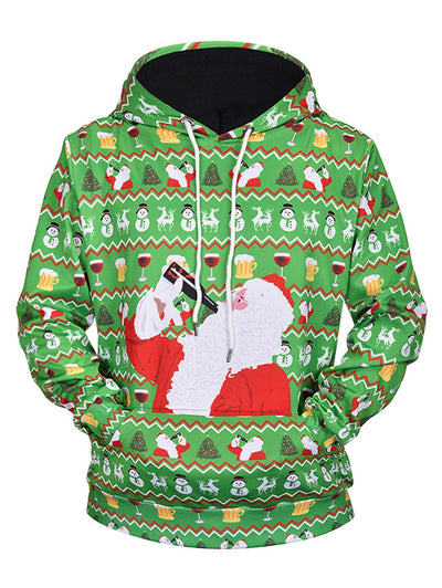 Drinking Santa Claus Print Drawstring Hoodie - goldylify.com