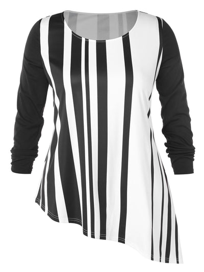 Plus Size Stripe Pattern Round Neck Asymmetric T-shirt
