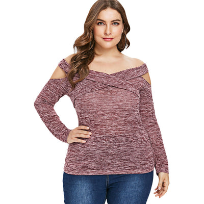 Plus Size Off The Shoulder Cutout Marled Long Sleeve T-shirt - goldylify.com