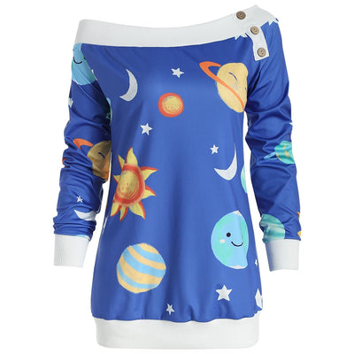 Skew Neck Sun and Moon Print Sweatshirt - goldylify.com