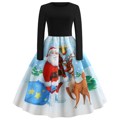 Round Collar Long Sleeve Christmas Elk Print A-line Women Vintage Dress