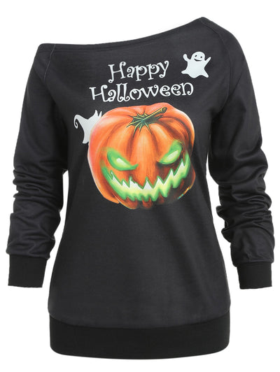 Pumpkin Print Hallowmas One Shoulder Sweatshirt - goldylify.com