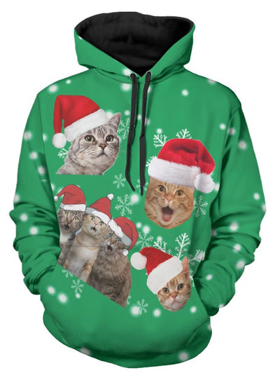 Christmas Cats Print Long Sleeve Hoodie - goldylify.com
