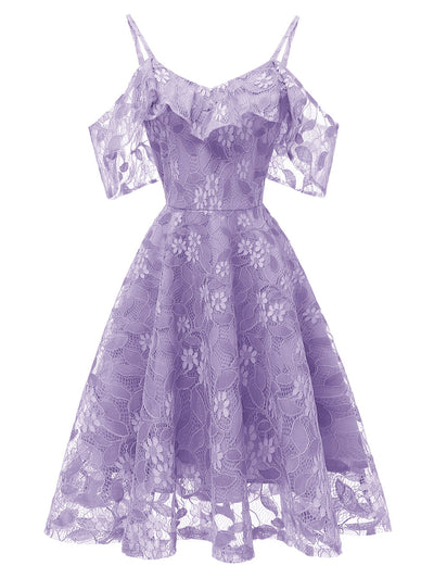 Ruffle Lace Cold Shoulder Dress - goldylify.com