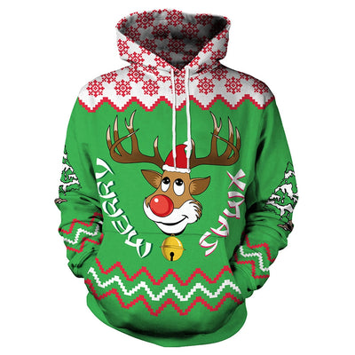 Christmas Reindeer Print Long Sleeve Hoodie - goldylify.com