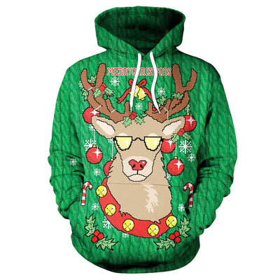 Drawstring Christmas Elk Print Hoodie - goldylify.com