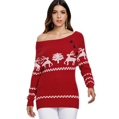 Off The Shoulder Reindeer Knit Tunic Sweater - goldylify.com