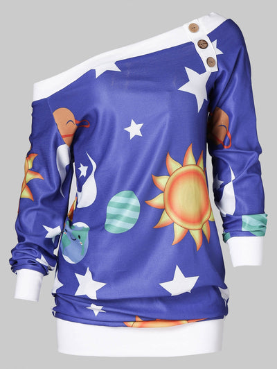 Skew Neck Sun Stars Moon Print Sweatshirt