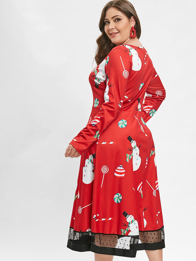Christmas Plus Size Lollipop Snowman Print Dress