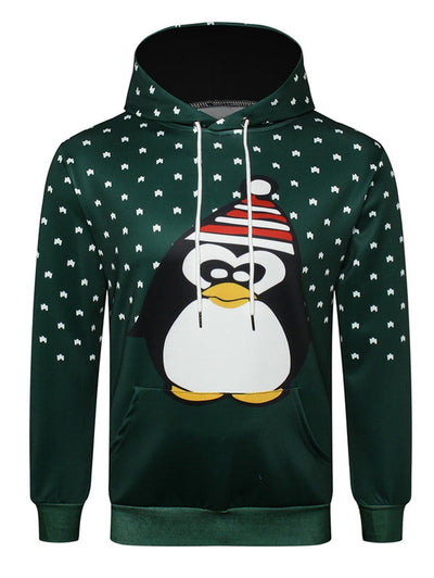 Penguin with Christmas Hat Printed Pullover Hoodie
