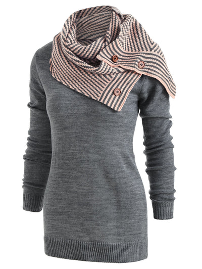 Pullover Sweater with Striped Scarf - goldylify.com