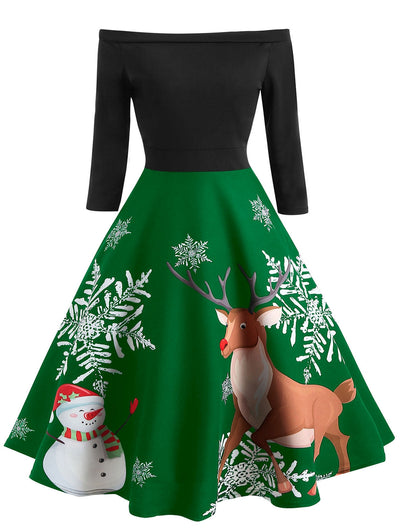 Off The Shoulder Christmas Elk Print Dress - goldylify.com