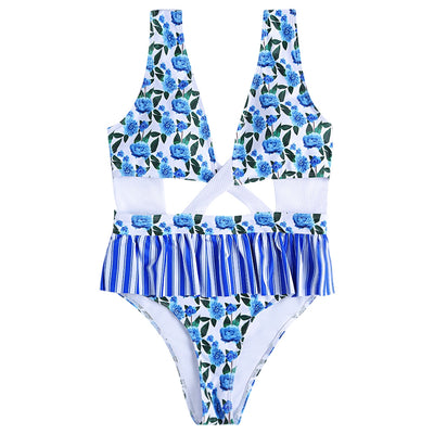 Plunge Neck Criss-cross Strap Backless Floral Print Ruffle Women Swimsuit - goldylify.com