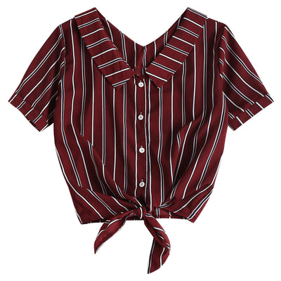 Fold Over Tie Front Striped Casual Shirt - goldylify.com