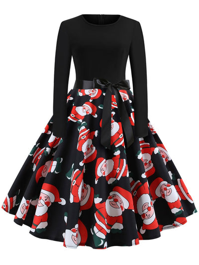 Christmas Print Stitching Long Sleeves and Large Dresses - goldylify.com