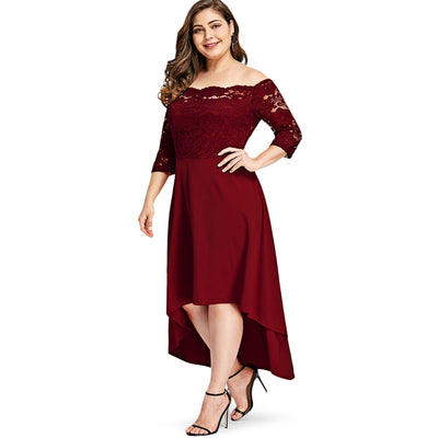 SOVALRO Plus Size XL-5XL Off Shoulder Dip Hem Lace long Dress - goldylify.com