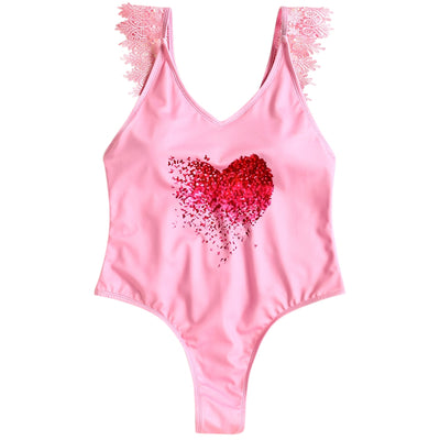 Lace Applique Plunge High Leg Valentine Swimsuit - goldylify.com