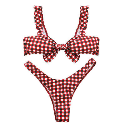 Tie Knot Front Padded Bikini Set Women Swimwear Swimsuit Plaid Bathing Suit - goldylify.com