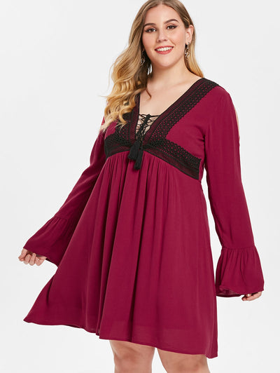 Plus Size Flare Sleeves Lace Up Contrast Dress