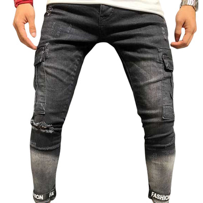 Men Jeans Worn-out Hole Slim Leg Zipper Pants - goldylify.com