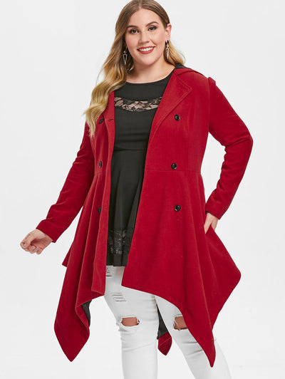 Plus Size Hooded Double Breasted Handkerchief Coat