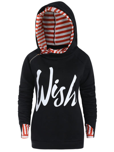 Letter Print Striped Panel Hoodie