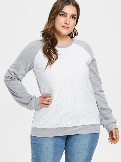 Plus Size Lace Panel Pullover Contras Sweatshirt