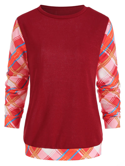 Round Neck Long Sleeve Checked Panel Top - goldylify.com